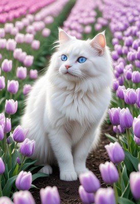 White cat in tulip field