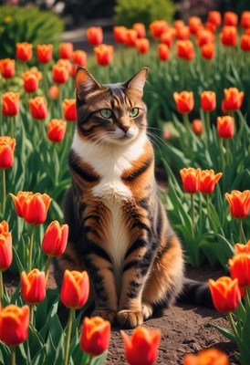 Cat among tulips