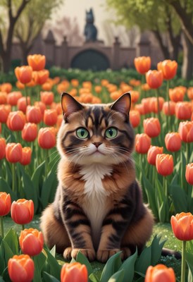 Cat among tulips