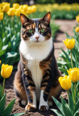 Calico cat in tulip garden