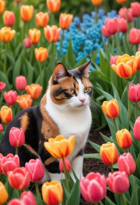 Calico cat among tulips