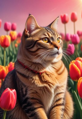 Tabby cat sitting in tulip field