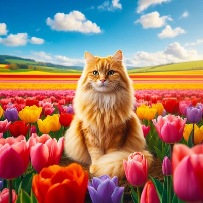 Orange cat in tulip field