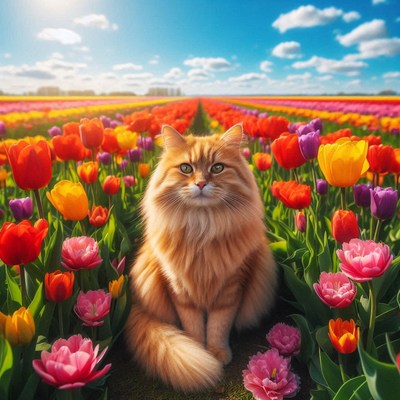 Cat in a tulip field