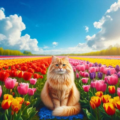 Orange cat in tulip field