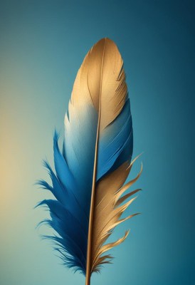 Blue and gold feather against sky