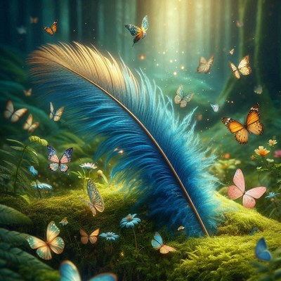 Blue feather and butterflies in a forest