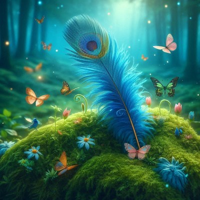 Peacock feather in enchanted forest