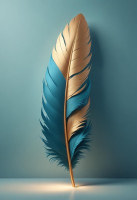 Blue and gold feather on teal background