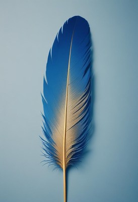 Blue and gold feather on blue background
