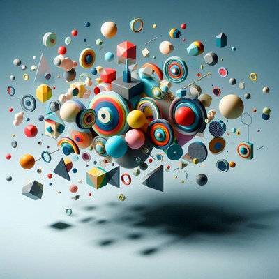 Colorful 3d geometric shapes floating in space