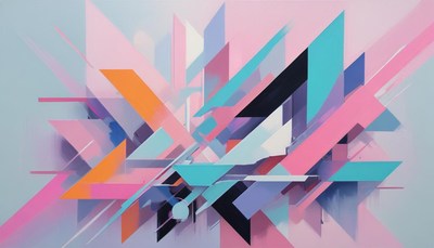 Abstract geometric artwork with pink, blue, and orange