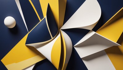 Abstract geometric shapes in blue, yellow, and white