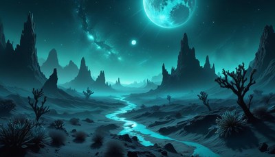 Nighttime landscape with river and moon