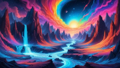 Fantasy landscape with waterfall and rainbow sky