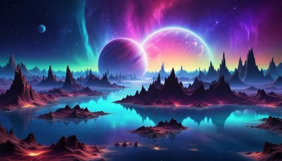 Alien landscape with two planets