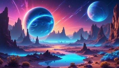 Alien planet landscape with two moons