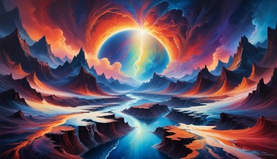 Fantasy landscape with rainbow planet