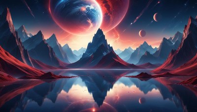 Mountain lake under alien sky