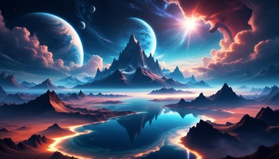 Mountain landscape with planets and sun