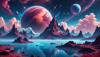 Alien landscape with red planet and mountains