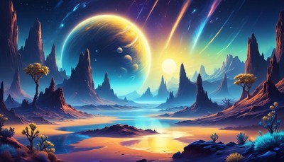 Fantasy landscape with shooting stars