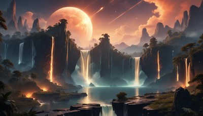 Fantasy landscape with waterfalls and moon