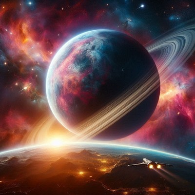 Spaceship approaching ringed planet