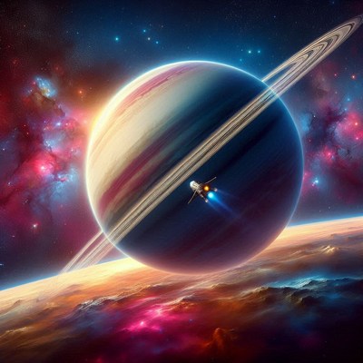 Spaceship flying past saturn