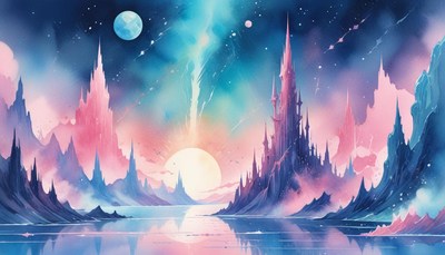 Fantasy castle landscape at sunset