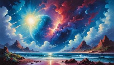 Ocean and mountains under cosmic sky