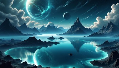 Mountain lake under a glowing moon