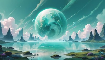 Green planet over mountainous landscape