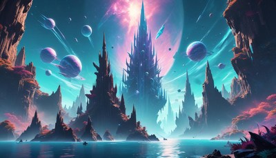 Fantasy landscape with spire and planets