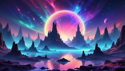 Mountainous landscape under a colorful moon