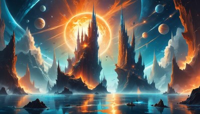 Fantasy castle under red sun