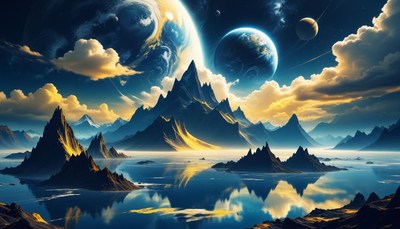 Mountain range with two planets