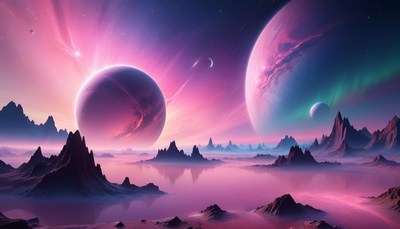 Pink sky landscape with two planets