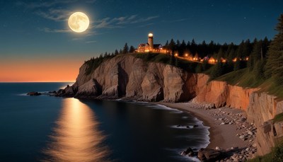 Lighthouse on a coastal cliff at night