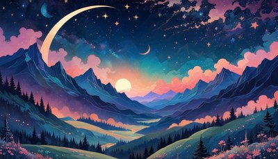 Mountain valley night sky