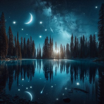 Night sky reflection in forest lake