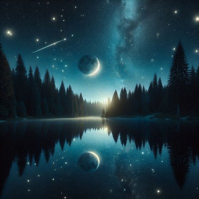 Night sky over forest lake