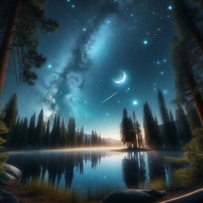 Night sky over forest lake