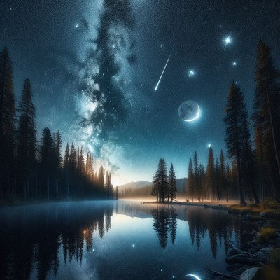 Night sky over forest lake