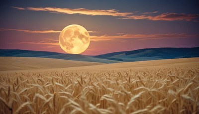 Full moon over wheat field at sunset