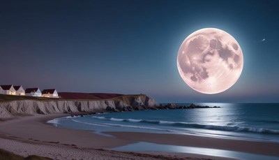 Full moon over coastal houses