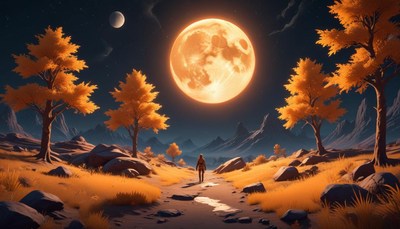 Person walking under giant moon