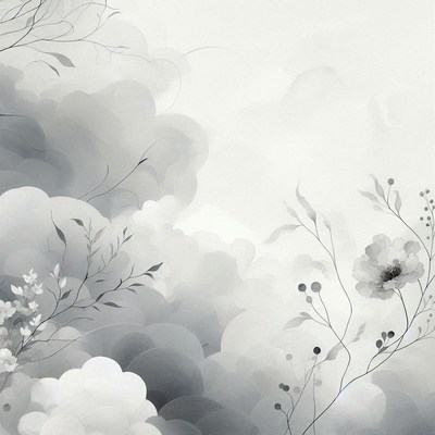 Black and white floral watercolor clouds