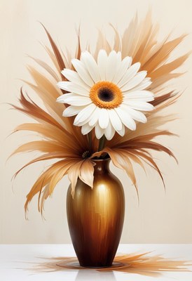 White daisy and dried palm in copper vase