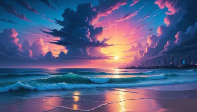 Sunset over coastal city